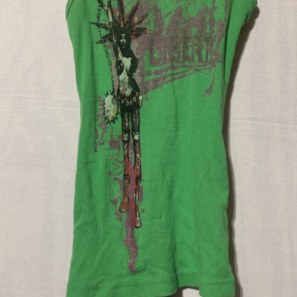 Y2K Folter Green Statue of Liberty Graphic Lace Up Back Tank Top - Picture 3 of 7